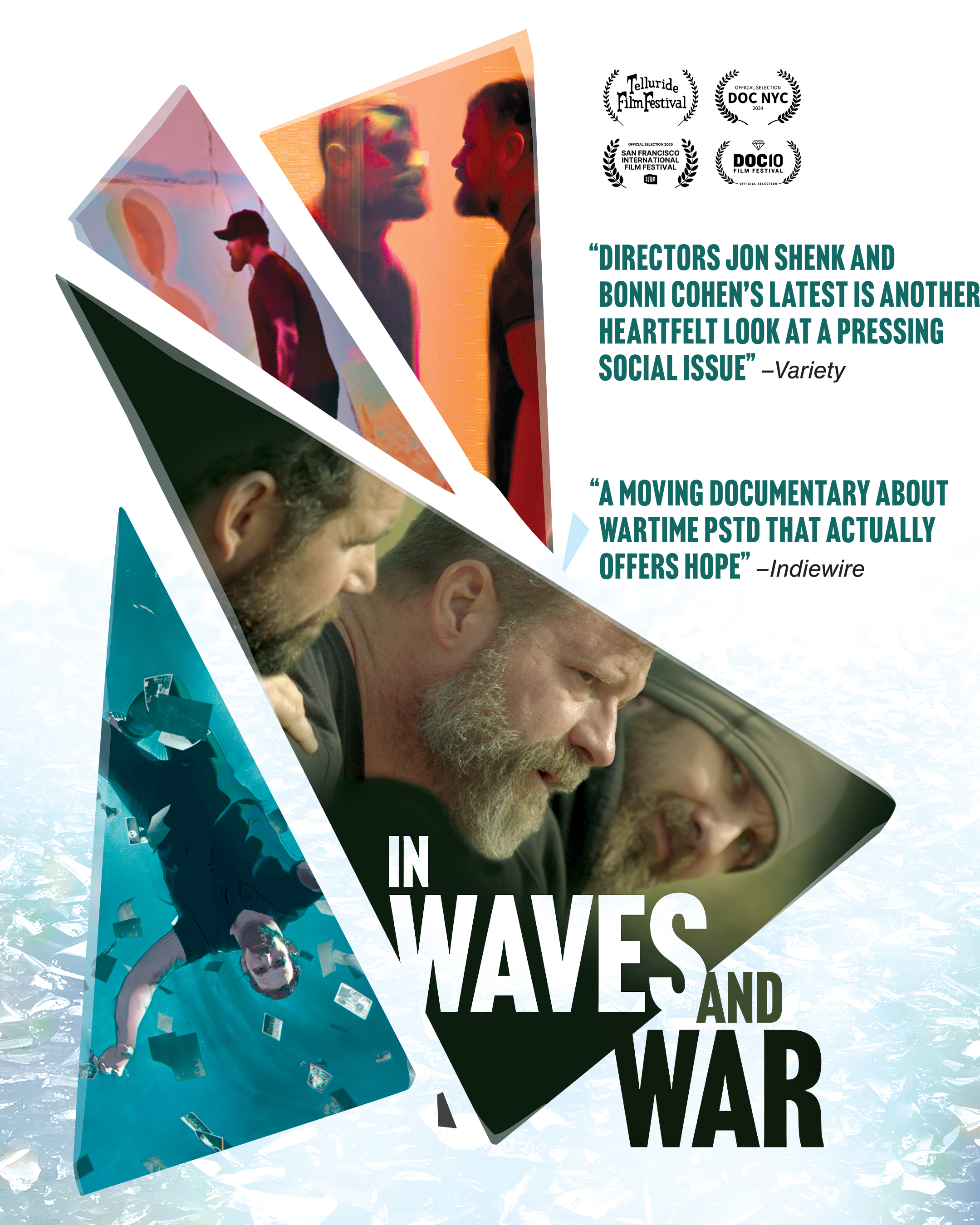 In Waves and War movie poster. Featuring Marcus Capone, DJ Shipley, Matty Roberts, Amber Capone, Patsy Shipley, Stanford Ibogaine Study. 