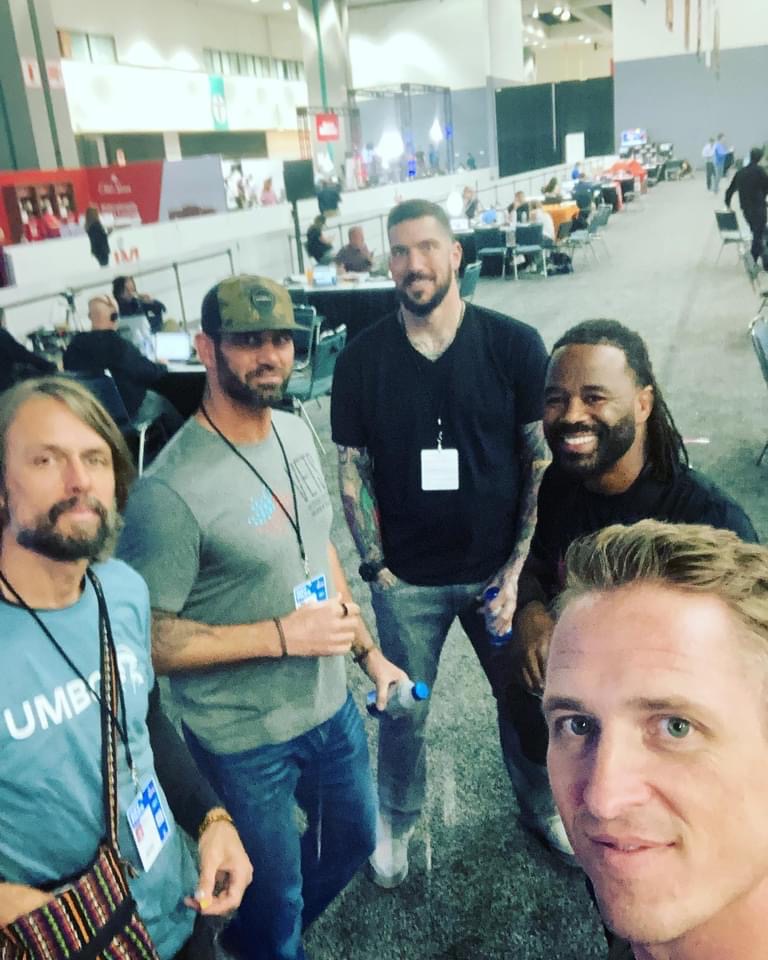 Super Bowl 56 Radio Row: Jake Plummer (former NFL quarterback), Marcus Capone (VETS co-founder and Navy SEAL veteran), Robert Gallery (former NFL offensive guard), Rashad Evans (UFC Hall of Fame MMA fighter).